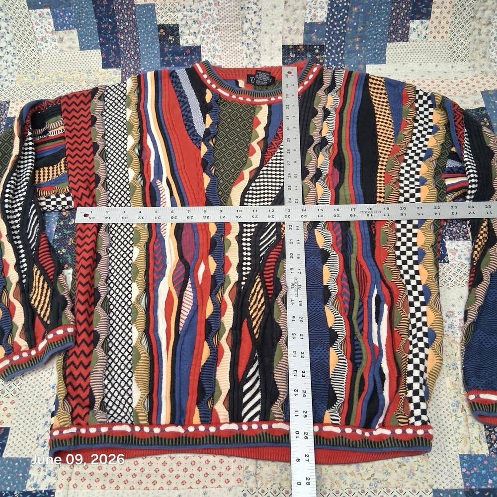 Vintage 90s Tosani 3D Knit Sweater Coogi Style Multi Color Textured Large Cotton - Picture 5 of 9